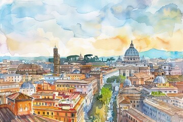 Fototapeta premium watercolor illustration touristic card with aerial view of Rome, Italy