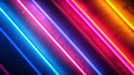 Neon Light Rays Running Parallel on Black Background, Vibrant Colors Creating a Dynamic and Energetic Visual Effect