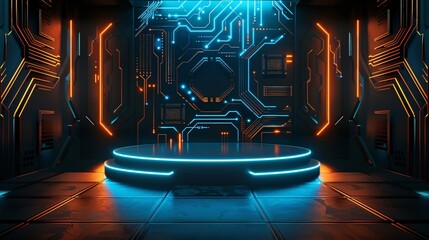Obraz premium Abstract Futuristic Technology Background in Dark Room with Black Walls and Empty Podium for Product Presentation, High Tech Circuit Board Patterns on the Wall