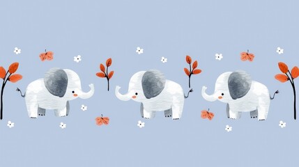  Vector illustration of multiple elephants on a blue background, simple design, flat vector graphic with white outlines, white and gray color palette, minimalistic style, high resolution