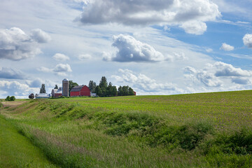 Farm with red barns silo and freshly planted corn fields on a partly cloudy day in Iowa