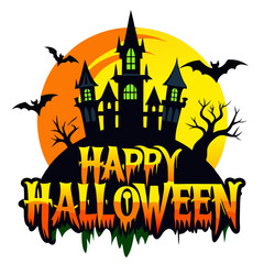 Happy Halloween typography with a creepy castle for t-shirt, banner, and poster design design