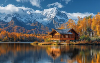 Fototapeta premium Autumn lake house with snowy mountains