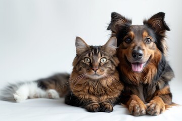Fototapeta premium Cat and dog lying together on white background