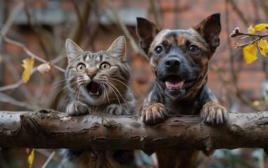 Obraz premium Cat and dog peeking over a tree branch