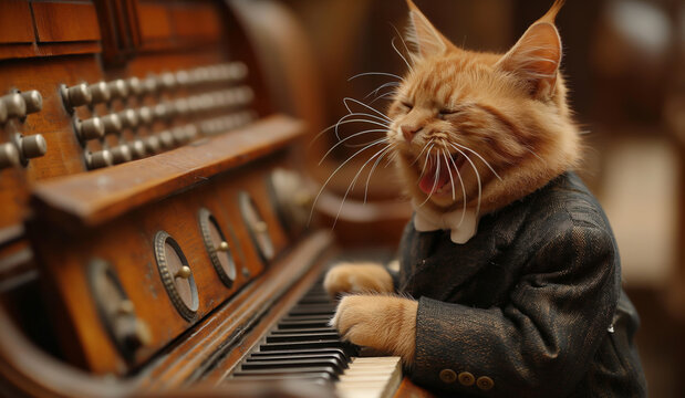 Cat pianist in formal attire playing the piano - Powered by Adobe