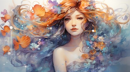 Water nymph with flowing red hair, surrounded by blue flowers and orange fish.