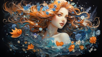 Water nymph with flowing red hair, surrounded by blue flowers and orange fish.