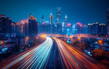 Cityscape with light trails at night