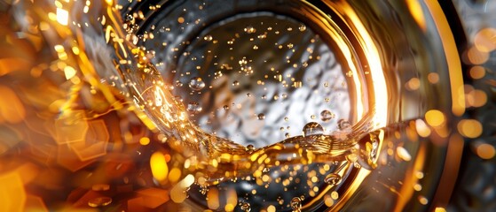 Inside View of Gas Tank Refilling with Fuel Bubbles and Splashes, Realistic Surfaces and Light Reflections