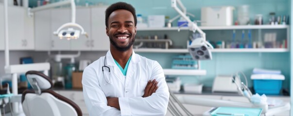 Happy afro men dentist doctor with arms crossed in dental office, banner. Generative AI.