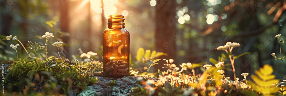 Wall mural a supplement bottle in a nature setting, warm tones, nature,