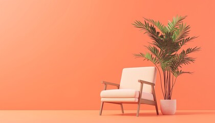 
3d render of armchair and potted plant on empty orange background. Minimal concept banner design. Vector illustration, 2/5 place for text.