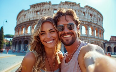 Plakat Couple smiling in front of the Colosseum on a sunny day