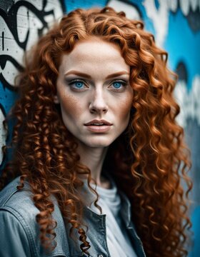 a ginger girl posing, with long curly hair, big macro blue eyes, noticable face freckless in the style of urban chic, against graffiti wall, light silver and light beige, photorealistic. AI Generative