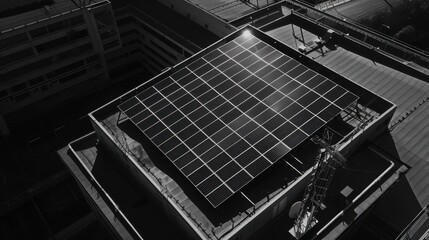 Photovoltaic cells on a sleek rooftop, generating solar power, top view, emphasizing renewable energy solutions, technology tone, Monochromatic Color Scheme