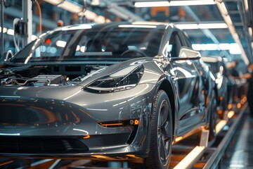 Modern electric car on automotive production factory assembly line