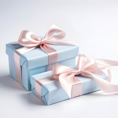Fototapeta premium A charming blue gift box tied with a delicate pink ribbon, ideal for birthdays or affectionate celebrations, conveying warmth, joy, and a sense of heartfelt sentiment.