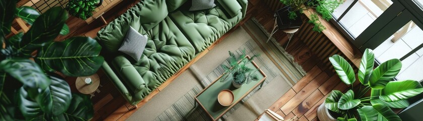 Ecofriendly paint in a cozy living room, nontoxic and sustainable interior, top view, emphasizing green home decor, technology tone, Monochromatic Color Scheme