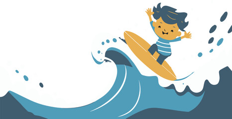 A cartoon boy is surfing on a wave