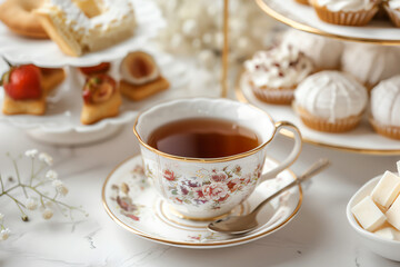 A beautiful afternoon tea set up with a variety of pastries, cakes, and tea. The perfect way to relax and enjoy a special occasion.