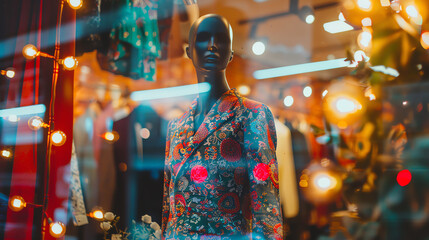 Obraz premium A mannequin wearing a floral suit stands in a store window.