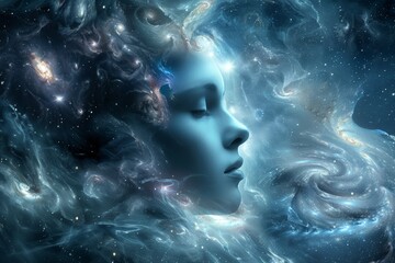 Fototapeta premium Surreal cosmic woman portrait blending with starry sky