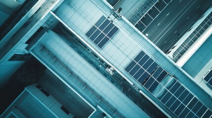 Obraz premium Photovoltaic cells on a sleek rooftop, generating solar power, top view, emphasizing renewable energy solutions, technology tone, Monochromatic Color Scheme