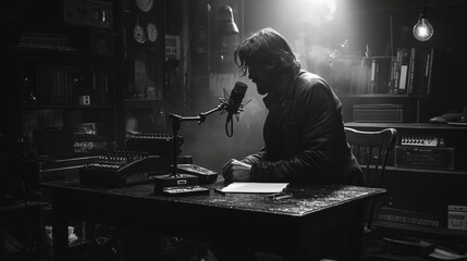 Black and white low-key photograph of a podcast host in a dimly lit studio, creating a moody and atmospheric scene.