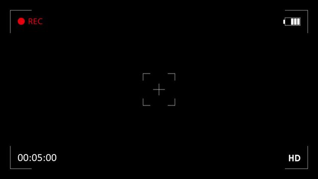Camera recording screen on black background. Viewfinder camera screen recording animation.