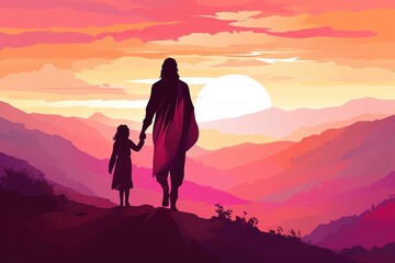 Obraz premium Jesus and child silhouette, hand in hand, pastel watercolor background, serene, high detail, digital art