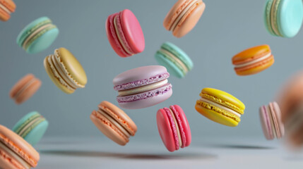 Obraz premium many colorful macarons cookies falling, blue background