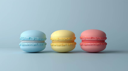 three multi-colored macarons cookies lie in a row, blue background