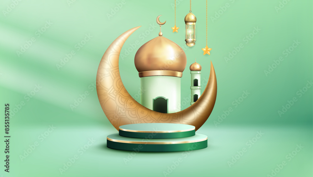 Wall mural Realistic Bakground Ramadan Kareem with podium, suitable for banner, greeting card or your business with Ramadan theme