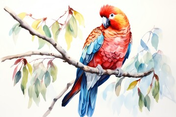 Fototapeta premium A colorful parrot, wildlife element, watercolor illustration, tropical palette, isolated on white background