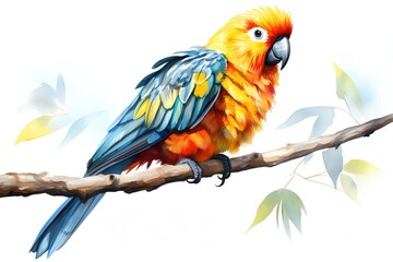 Fototapeta premium A colorful parrot, wildlife element, watercolor illustration, tropical palette, isolated on white background