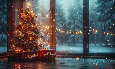Decorated Christmas Tree Near Window With Falling Snow