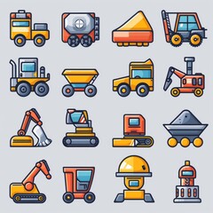 A pack of icones about Bulldozer, Backhoe, Grader, Roller, Scraper, Dump, truck, Crane, Truck, Loader, Digger, Dump, truck, Street, sweeper, Tractor, Plow, Conveyor, Safety, and vehicle