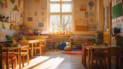 Elementary classroom with Student work hanging on the walls, books, tables and chairs