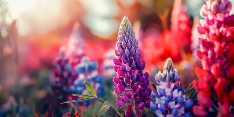 Obraz premium Bright lupins blooming in a picturesque landscape, bathed in soft sunlight. A beautiful background for design projects, advertisements, and seasonal themes. Copy space