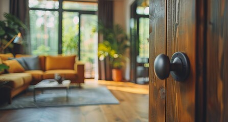 Obraz premium A View From the Open Doorway of a Modern Living Room With a Yellow Sectional Sofa
