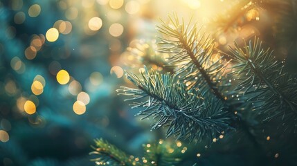 Closeup of Christmas tree with bokeh light in the background. Christmas and New Year holiday background. vintage color tone.