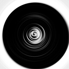 Black and white radial motion effect. Abstract rounded background. Grayscale curves and sphere.