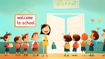 teacher meets children near classroom, On the back there was a sign saying "welcome back to school".