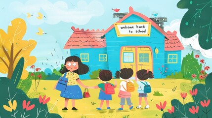 teacher meets children near classroom, On the back there was a sign saying "welcome back to school".