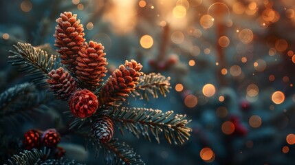 Closeup of Christmas tree with bokeh light in the background. Christmas and New Year holiday background. vintage color tone.