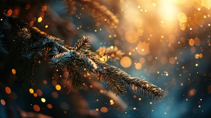 Closeup of Christmas tree with bokeh light in the background. Christmas and New Year holiday background. vintage color tone.