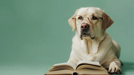 Dog reading book. Labrador retriever with glasses reading book.