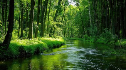 Obraz premium Woods covering the green banks of a river