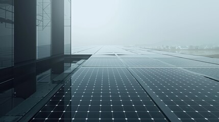 Fototapeta premium Photovoltaic cells on a sleek rooftop, generating solar power, top view, emphasizing renewable energy solutions, technology tone, Monochromatic Color Scheme